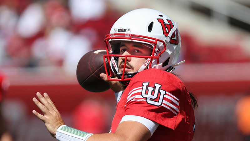 Utah Utes quarterback Cameron Rising warms up for the Utah-UCLA game in Salt Lake City on Saturday, Sept. 23, 2023. Rising has yet to play a game this season as he recovers from an injury suffered in the Rose Bowl.