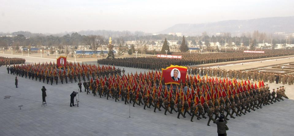 North Korean People's Army soldiers take part in a rally to swear allegiance to North Korean leader Kim Jong Un ahead of the second death anniversary of former leader Kim Jong Il at the Kumsusan Palace of the Sun