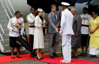 Britain's Prince Harry and Meghan, Duchess of Sussex, arrive in Suva, Fiji, Tuesday, Oct. 23, 2018. Kirsty Wigglesworth/Pool via REUTERS