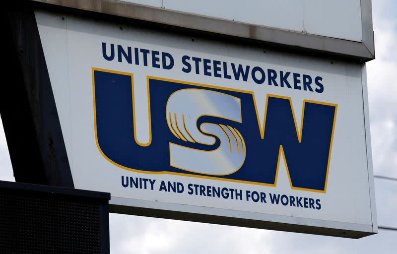 FILE PHOTO: United Steelworkers sign is seen in front of the U.S. Steel Great Lakes Works plant in Ecorse, Michigan