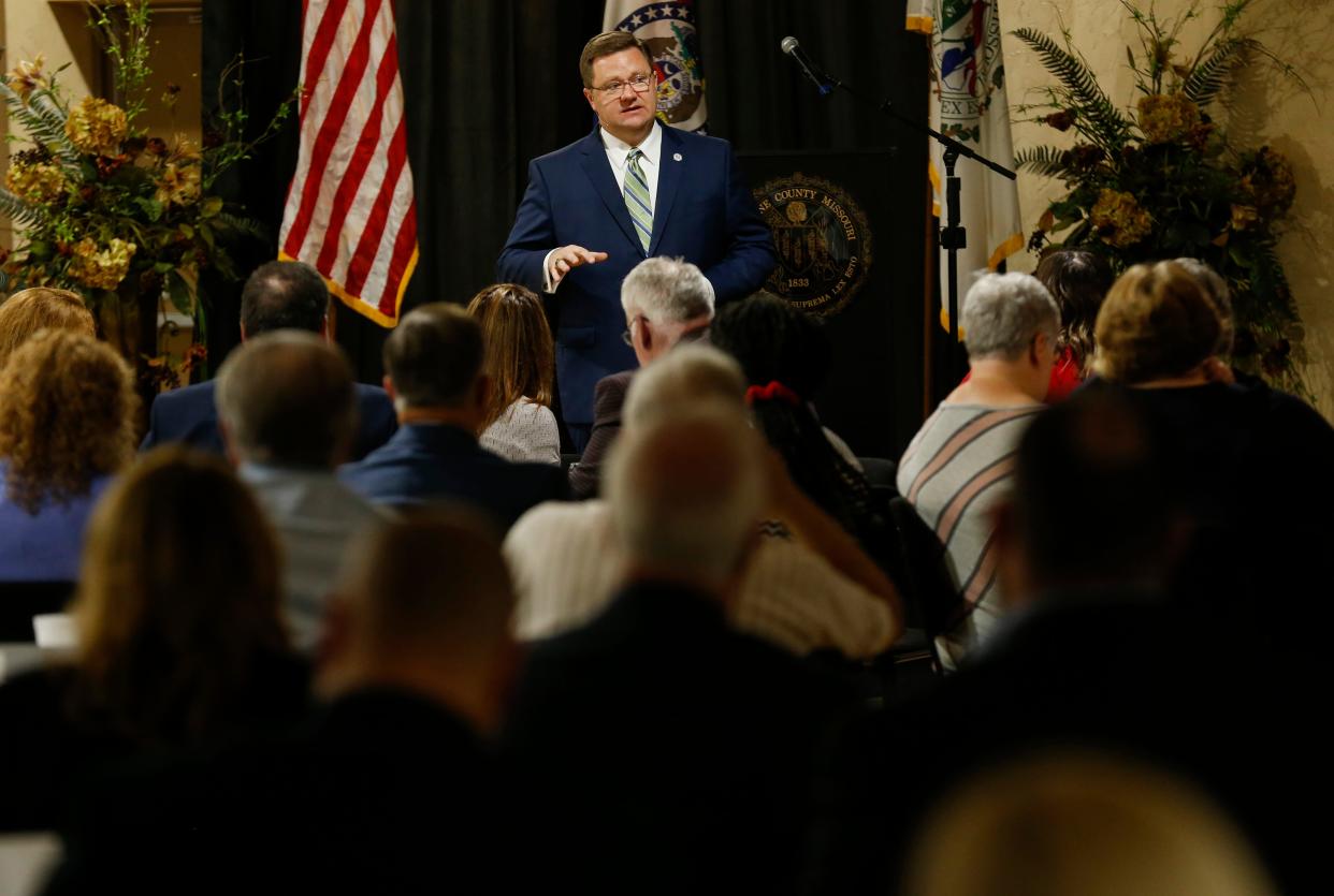 Greene County Presiding Commissioner Bob Dixon delivers the State of the County address at Relics Event Center on Thursday, Oct. 3, 2019, in Springfield, Mo. 