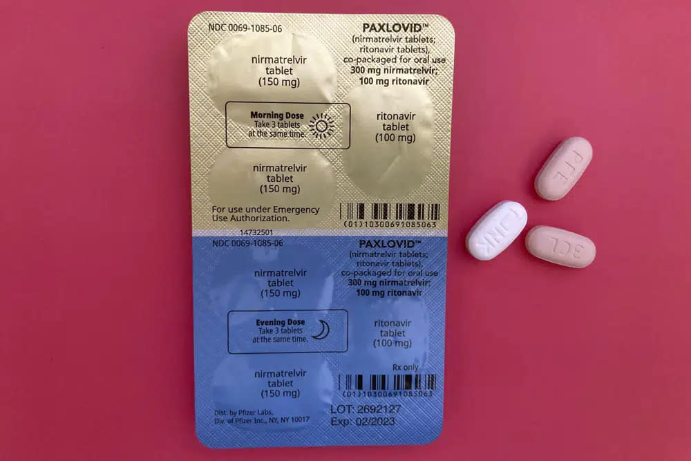 The anti-viral drug Paxlovid is displayed in New York, Monday, Aug. 1, 2022. (AP Photo/Stephanie Nano, File)