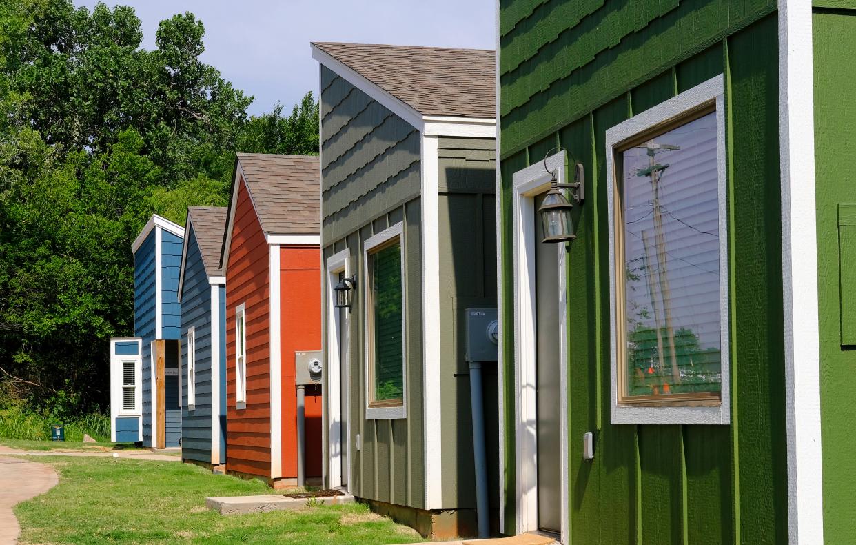 Tiny houses sit on the campus of the Oklahoma City nonprofit Pivot, in this photo from July 12, 2022. An Augusta native wants to construct similar tiny houses for Augusta-area teens who have aged out of the foster care system.