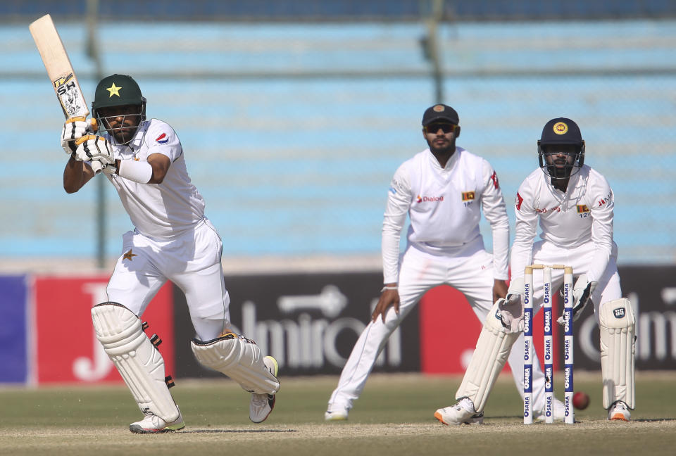 Pakistani batsman Babar Azam hits boundary against Sri Lanka during the second Test in Karachi, Pakistan, Sunday, Dec. 22, 2019. (AP Photo/Fareed Khan)