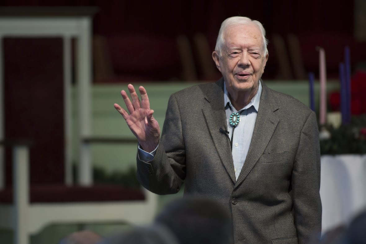 FILE – Former President Jimmy Carter teaches during Sunday School class at Maranatha Baptist Church in his hometown, Sunday, Dec. 13, 2015, in Plains, Ga. The Carter Center says Carter has entered home hospice care, Saturday, Feb. 18, 2023. The foundation created by the 98-year-old former president says that after a series of short hospital stays, Carter “decided to spend his remaining time at home with his family and receive hospice care instead of additional medical intervention.” (AP Photo/Branden Camp)