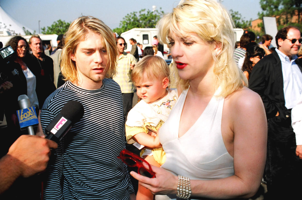 Kurt Cobain of Nirvana with wife Courtney Love and daughter Frances Bean Cobain (Photo by Jeff Kravitz/FilmMagic, Inc)
