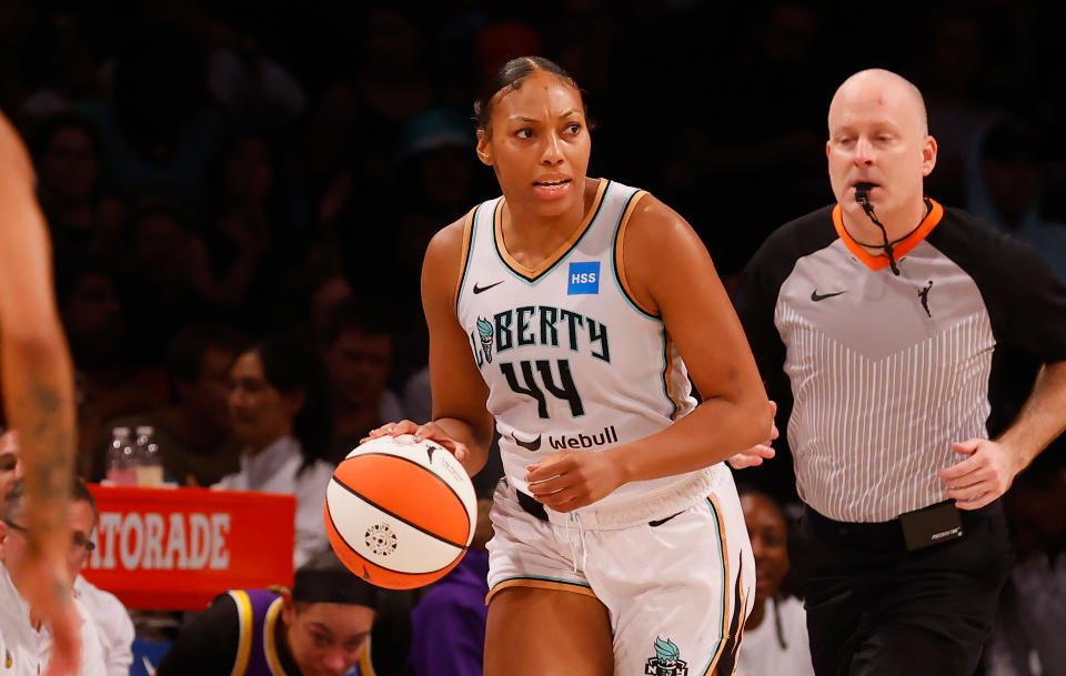 Betnijah Laney, shown during a regular-season game, was the key to the New York Liberty's Game 1 win over the Washington Mystics in the first round of the 2023 WNBA playoffs on Friday. (Photo by Bruce Bennett/Getty Images)