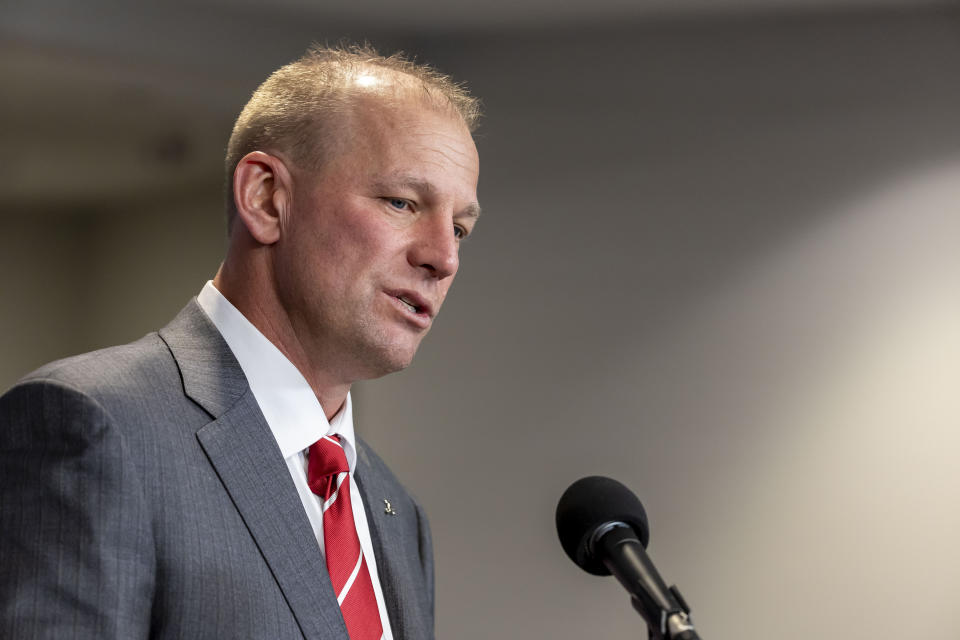 New Alabama football head coach Kalen DeBoer talks with the media in his introductory press conference at Bryant-Denny Stadium, Saturday, Jan. 13, 2024, in Tuscaloosa, Ala. DeBoer is replacing the recently retired Nick Saban. (AP Photo/Vasha Hunt)