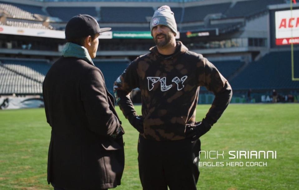 Rob McElhenney talking with Nick Sirianni, Eagles head coach