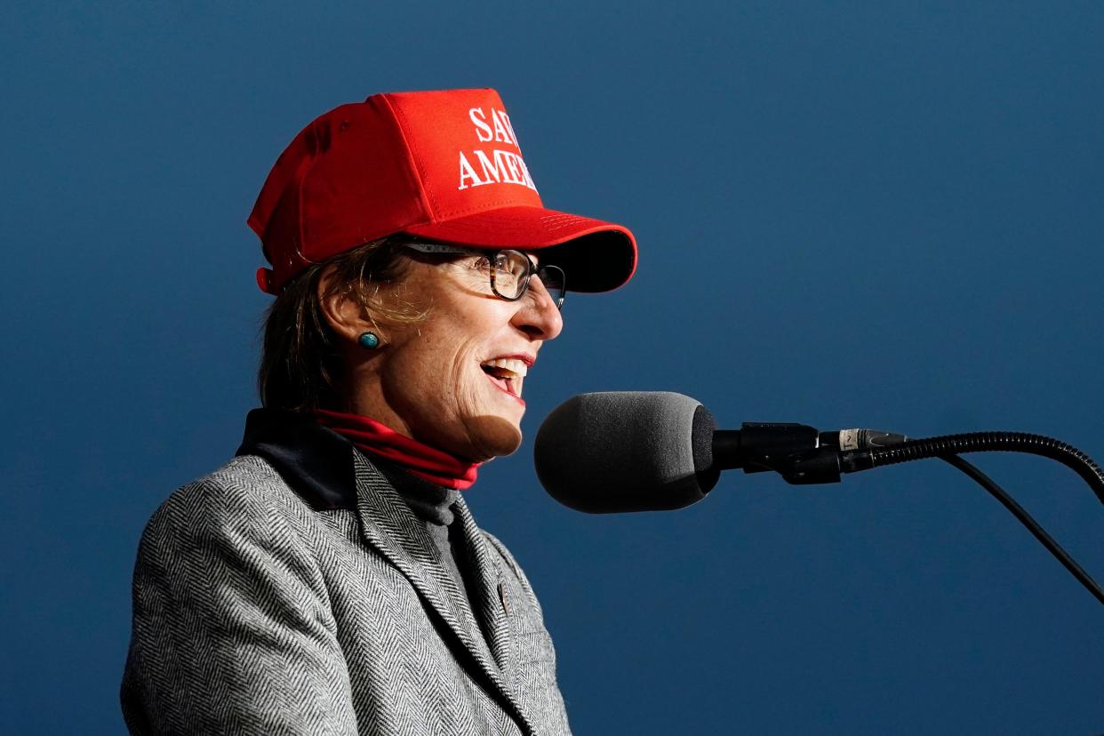 Arizona state Sen. Wendy Rogers, R-Flagstaff, speaks at a Save America Rally prior to former president Donald Trump speaking  Jan. 15, 2022, in Florence, Ariz.