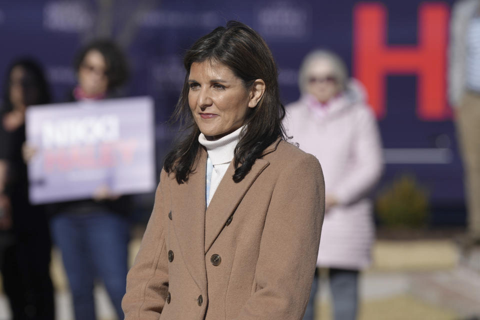 Republican presidential candidate former UN Ambassador Nikki Haley looks on as speakers introduce her at an event on Tuesday, Feb. 13, 2024, in her hometown of Bamberg, S.C. (AP Photo/Meg Kinnard)