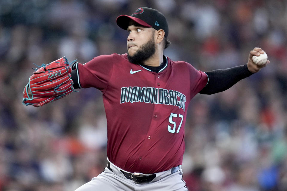 Arizona Diamondbacks starting pitcher Eduardo Rodriguez throws against the Houston Astros during the second inning of a baseball game, Saturday, Sept. 7, 2024, in Houston. (AP Photo/Eric Christian Smith)