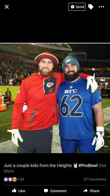 Kansas City Chiefs tight end Travis Kelce, left, and brother Jason Kelce, a center with the Philadelphia Eagles, pose at the 2017 Pro Bowl.