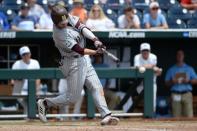 Jun 19, 2018; Omaha, NE, USA; Mississippi State Bulldogs designated hitter Jordan Westburg (11) drives in three runs with a double in the eighth inning against the North Carolina Tar Heels in the College World Series at TD Ameritrade Park. Mandatory Credit: Steven Branscombe-USA TODAY Sports