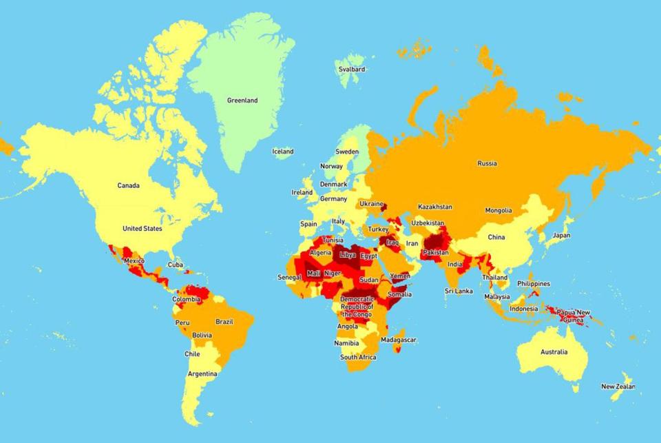 The Travel Security Risk Map; Green is insignificant, yellow is low, orange is medium, red is high and dark red is extreme (International SOS )