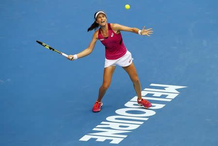 Britain's Johanna Konta hits a shot during her semi-final match against Germany's Angelique Kerber at the Australian Open tennis tournament at Melbourne Park, Australia, January 28, 2016. REUTERS/Jason O'Brien Action Images via Reuters