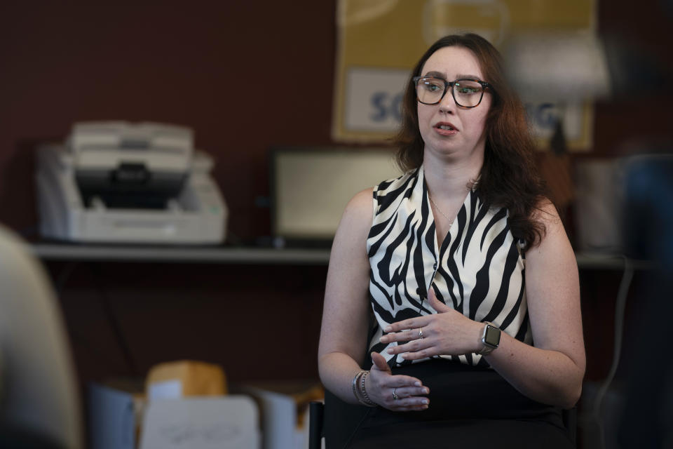Emily Cook, Luzerne County deputy director of elections, speaks during an AP interview in Wilkes-Barre, Pa., Tuesday, Sept. 12, 2023. Cook received death threats during 2022 elections. (AP Photo/Sait Serkan Gurbuz)
