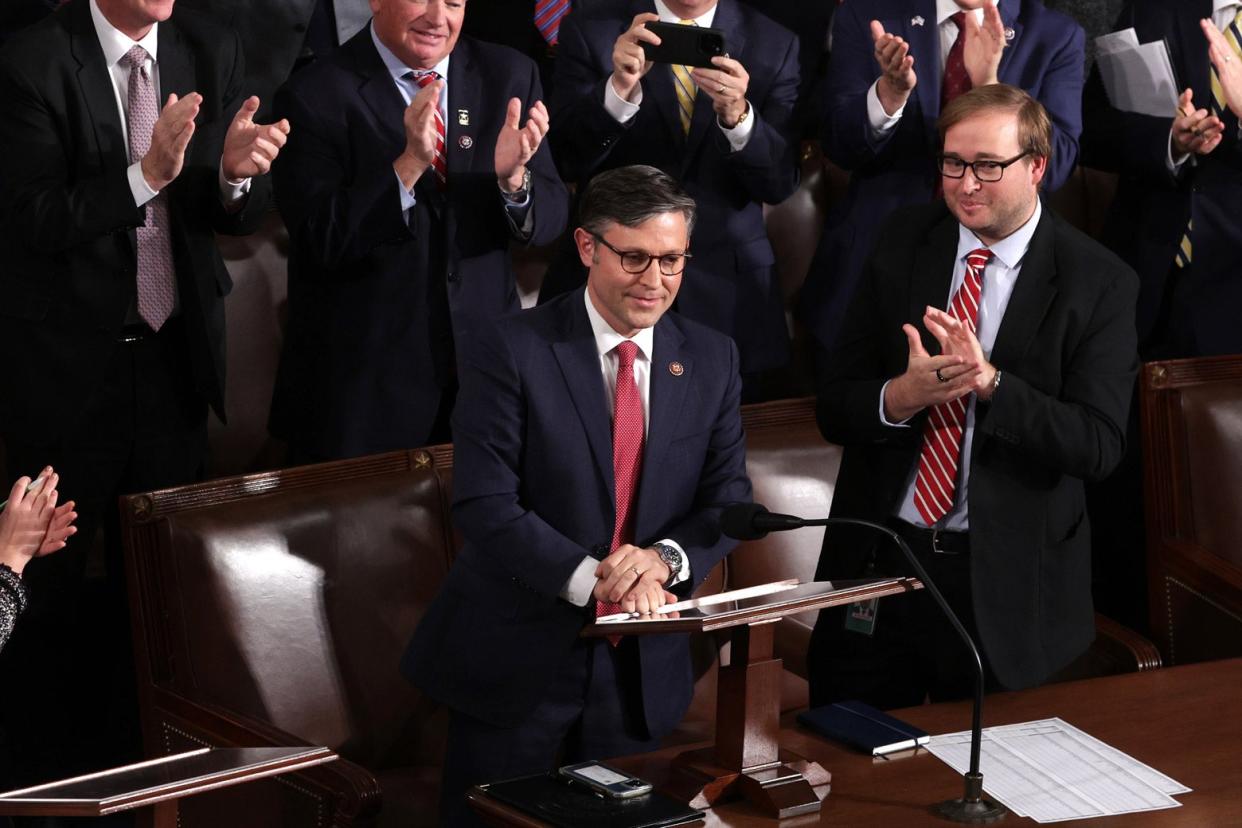 House Republicans applaud as U.S. Rep. Mike Johnson (R-LA) (C) is elected the new Speaker of the House at the U.S. Capitol on October 25, 2023 in Washington, DC.