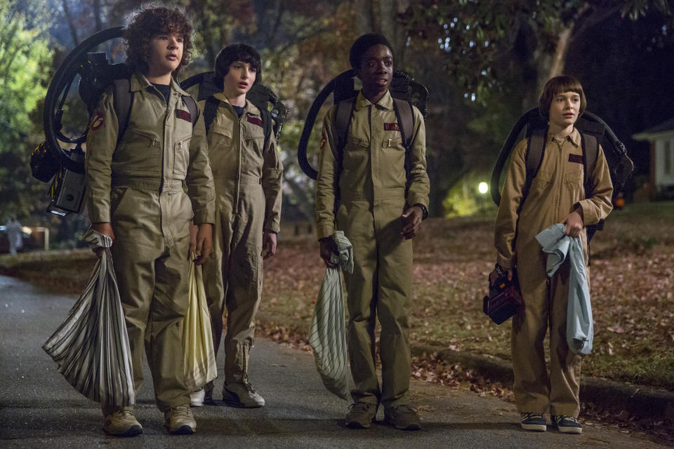 Gaten Matarazzo as Dustin, Finn Wolfhard as Mike, Caleb McLaughlin as Lucas, and Noah Schnapp as Will Byers in <em>Stranger Things </em>(Photo: Netflix)