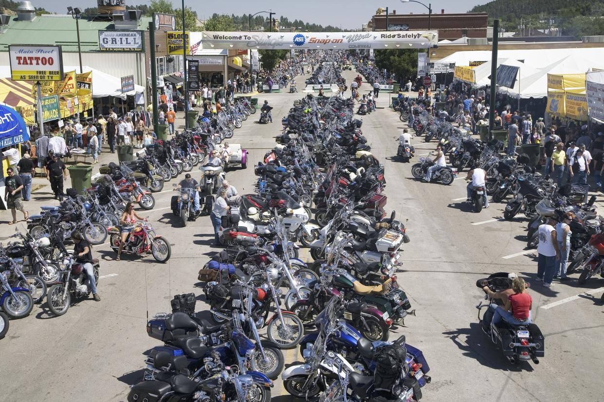 motorcycles lining road at the 67th Annual Sturgis Motorcycle Rally in Sturgis, South Dakota
