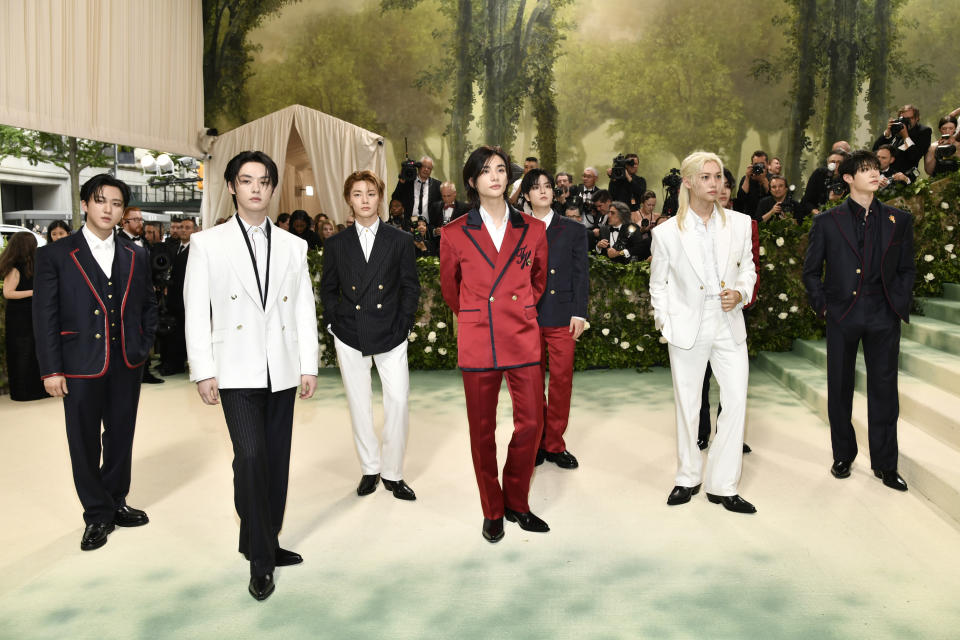 Musicals group Stray Kids attend The Metropolitan Museum of Art's Costume Institute benefit gala celebrating the opening of the "Sleeping Beauties: Reawakening Fashion" exhibition on Monday, May 6, 2024, in New York. (Photo by Evan Agostini/Invision/AP)