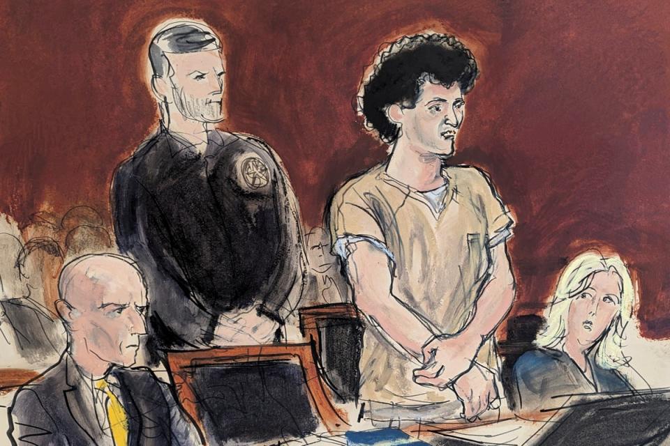 In this courtroom sketch, Sam Bankman-Fried, second from right, stands while making a statement during his sentencing in Manhattan federal court (AP)