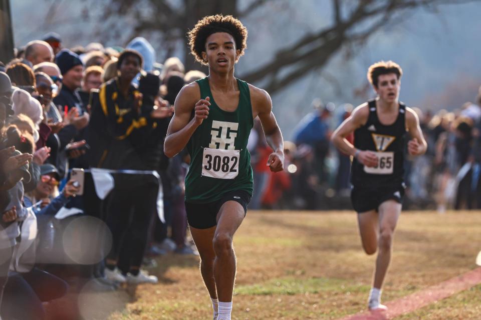 Colby Twyman from Tower Hill School finishes the boys division II race at the DIAA Cross Country Championships Saturday, Nov. 11, 2023; at Brandywine Creek State Park in Wilmington, DE.