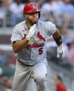 St. Louis Cardinals' Albert Pujols runs on a double against the Atlanta Braves during the fourth inning of a baseball game Wednesday, July 6, 2022, in Atlanta. (Curtis Compton/Atlanta Journal-Constitution via AP)