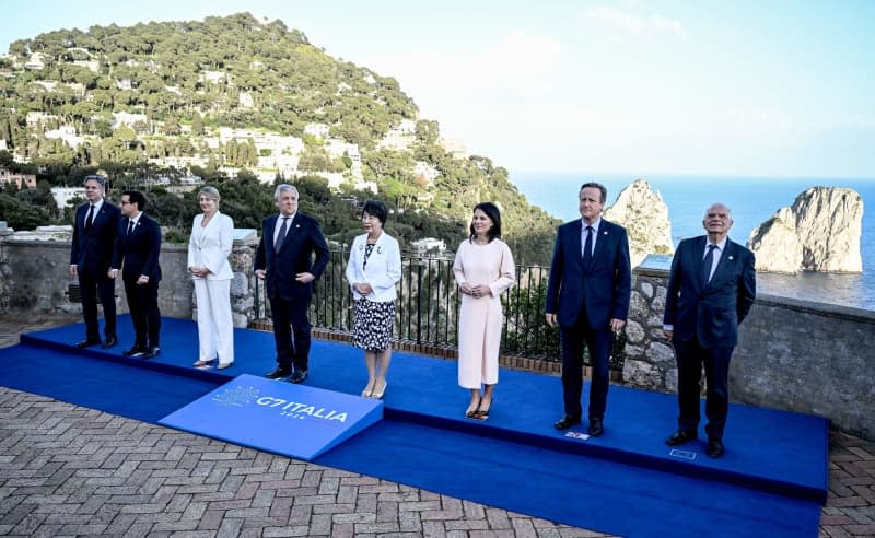 (L-R)US Secretary of State Antony Blinken, French Foreign Minister Stephane Sejourne, Canadian Foreign Minister Melanie Joly, Italian Foreign Minister Antonio Tajani, Japanese Foreign Minister Yoko Kamikawa, German Foreign Minister Annalena Baerbock (Bündnis 90/Die Grünen), British Foreign Secretary David Cameron, and Josep Borrell, EU High Representative for Foreign Affairs and Security Policy, pose for family photos at the meeting of the G7 foreign ministers. Britta Pedersen/dpa
