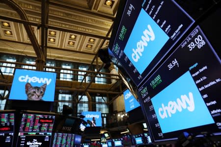 Logos for Chewy Inc. are displayed on the trading floor on the morning of the company's IPO at the New York Stock Exchange (NYSE) in New York City