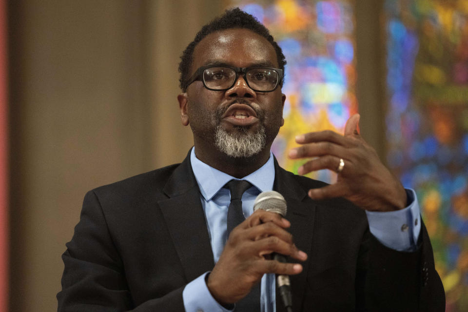 FILE - Cook County Commissioner Brandon Johnson participates in a forum with other Chicago mayoral candidates hosted by the Chicago Women Take Action Alliance Jan. 14, 2023, at the Chicago Temple in Chicago. (AP Photo/Erin Hooley, File)