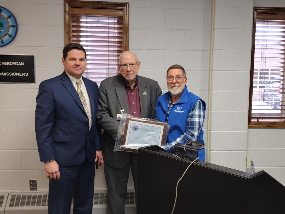 Pictured (from left) are Cheboygan County Administrator Jeffery Lawson, county board chairman John Wallace and James Granger at the Jan. 24 county board meeting. Granger, who is also the county surveyor, was recognized for his 15 years of service to the economic development corporation. He will continue to serve as surveyor.