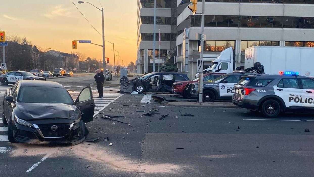 The scene of a fatal five-vehicle crash in Scarborough early Wednesday. (Paul Smith/CBC - image credit)