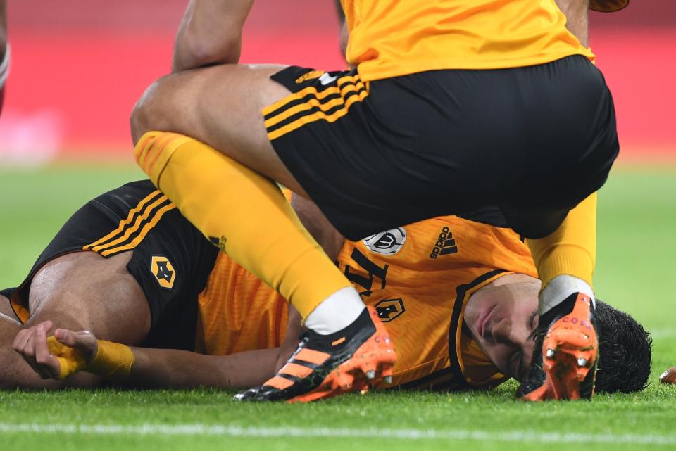 <p>Wolves striker Raul Jimenez suffered a fractured skull during Sunday’s win over Arsenal</p> (Arsenal FC via Getty Images)