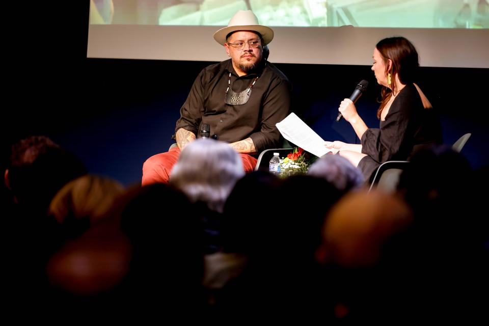 Sterlin Harjo, Reservation Dogs co-creator, speaks alongside Lindsay Aveilhé at the Oklahoma Contemporary Arts Center before receiving the ArtNow 2023 Focus Award in Oklahoma City, on Thursday, Jan. 11, 2024.