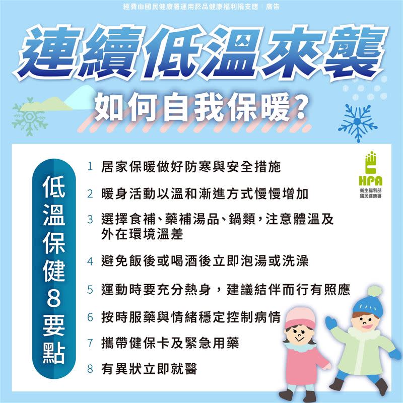 國民健康署列出低溫保健8要點。（圖／翻攝自國健署粉專）