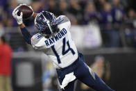 Tennessee Titans wide receiver Kalif Raymond (14) makes a touchdown catch against the Baltimore Ravens during the first half an NFL divisional playoff football game, Saturday, Jan. 11, 2020, in Baltimore. (AP Photo/Nick Wass)