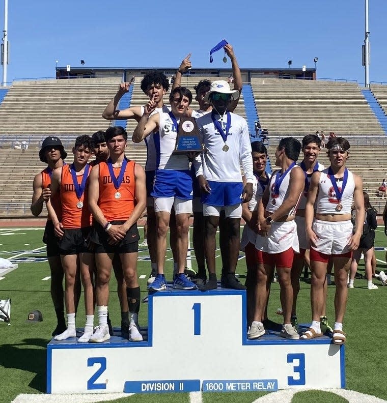 The San Angelo Lake View High School boys 4x400-meter relay team, pictured in the middle of the award podium, clocked a 3:25.09 in winning the gold medal and plaque at the San Angelo Relays, March 26, 2022.