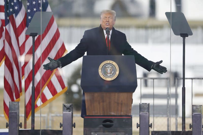 Then-President Donald Trump speaks to supporters gathered to protest Congress' certification of Joe Biden as the next president on the Ellipse in Washington on January 6, 2021. File Pool Photo by Shawn Thew/UPI