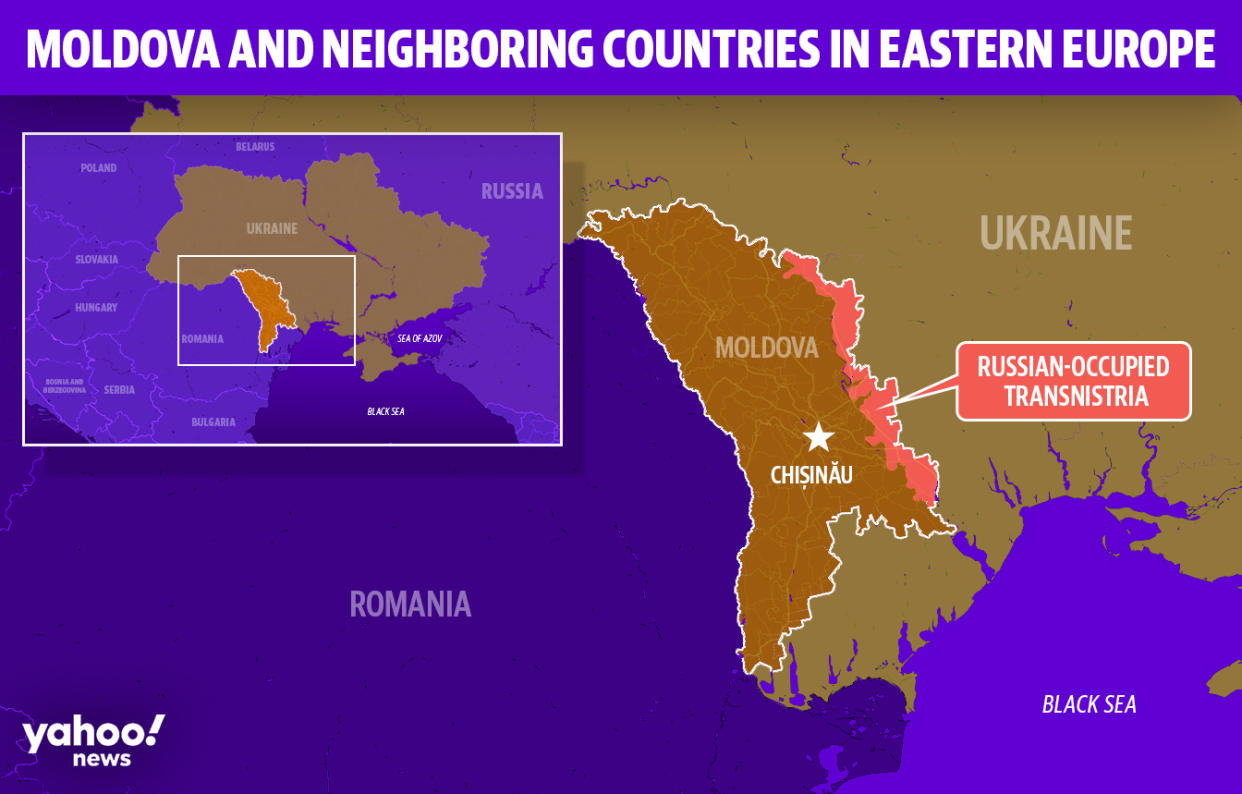 Map of Moldova and neighboring countries with Russian-occupied Transnistria highlighted.