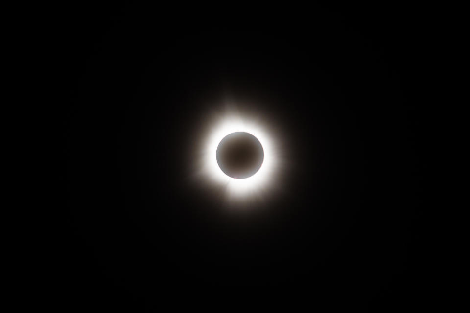 The sun and the moon align together completely during the total solar eclipse on April 8, 2024 in Wapakoneta, Ohio. Totality lasted almost four minutes in Ohio. / Credit: / Getty Images