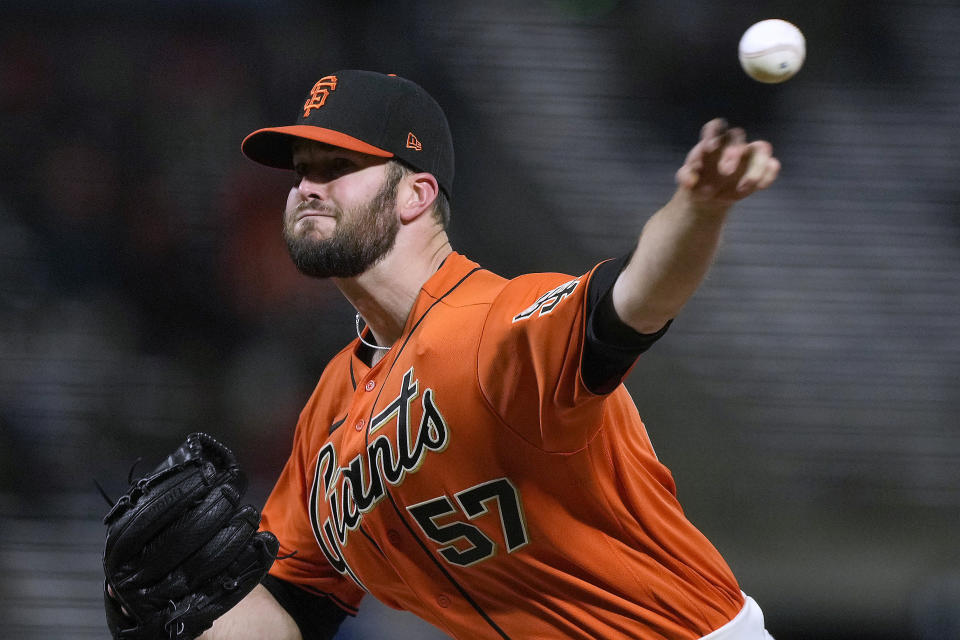 San Francisco Giants pitcher Alex Wood throws to a San Francisco Giants batter during the sixth inning of a baseball game Friday, April 23, 2021, in San Francisco. (AP Photo/Tony Avelar)