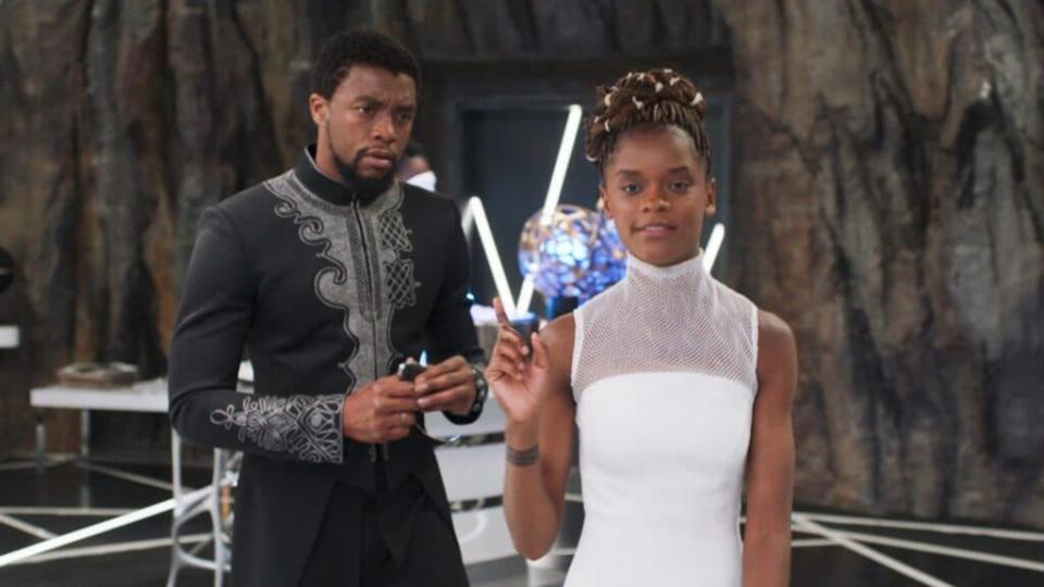 “Black Panther” co-stars Chadwick Boseman, as King T’challa, and Letitia Wright, portraying his scientist sister, Shuri, are shown in a scene from the 2018 film hit.