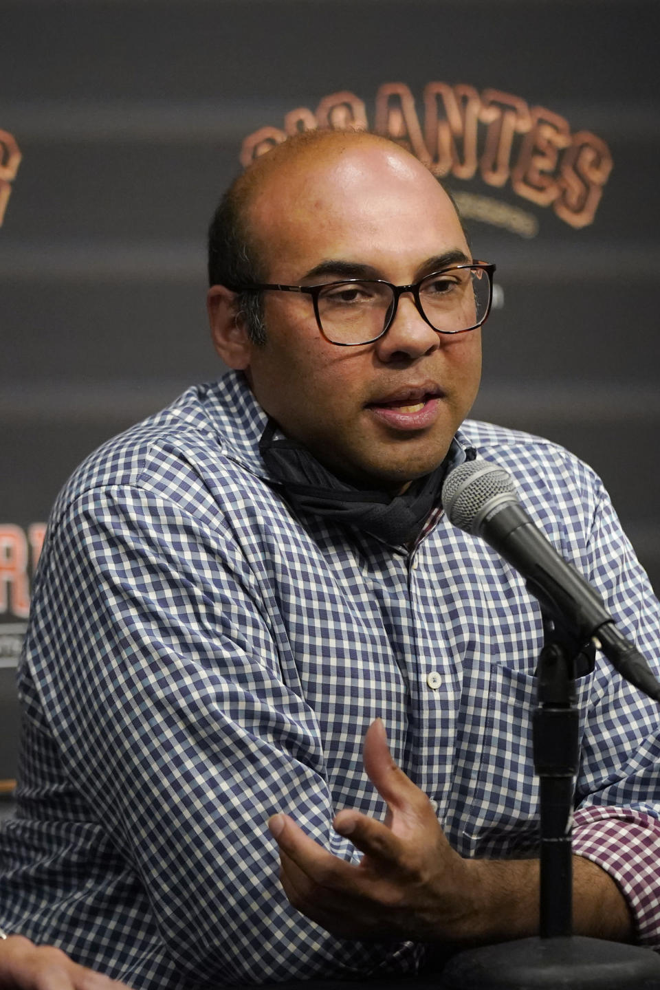 San Francisco Giants president of baseball operations Farhan Zaidi speaks at a season-ending news conference in San Francisco, Monday, Oct. 18, 2021. (AP Photo/Jeff Chiu)