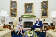 President Joe Biden meets with New Zealand Prime Minister Jacinda Ardern in the Oval Office of the White House, Tuesday, May 31, 2022, in Washington. (AP Photo/Evan Vucci)