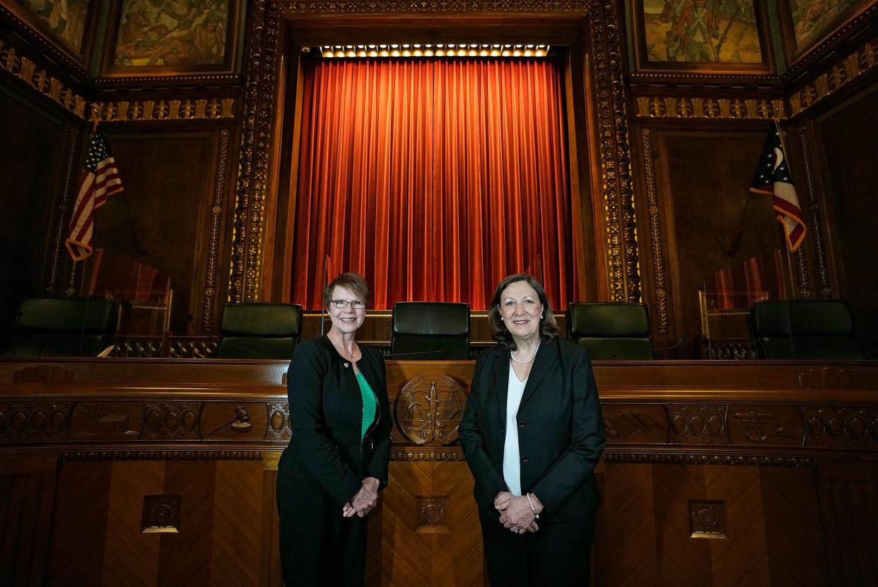 Ohio Supreme Court Justice Sharon Kennedy and Ohio Supreme Court Justice Jennifer Brunner are running for Chief Justice and poses for a photo inside the Ohio Supreme Court in Columbus, Ohio on April 13, 2022. 