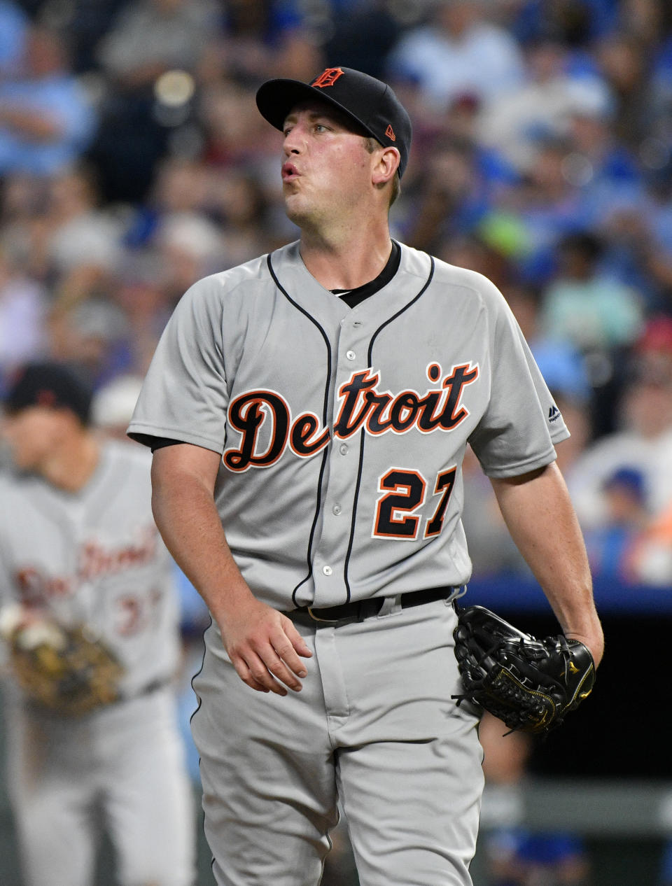 Detroit Tigers starting pitcher Jordan Zimmermann walks to the dugout after pitching in the fifth inning against the Kansas City Royals during a baseball game Tuesday, July 24, 2018, in Kansas City, Mo. (AP Photo/Ed Zurga)