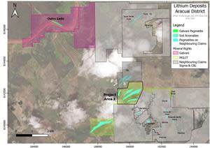 The Outro Lado pegmatite showing where high grade intercepts have been discovered. Note property location in relation to Sigma Lithium Resources claim boundary and Xuxa deposit (over 17Mt @ 1.55% Li2O).