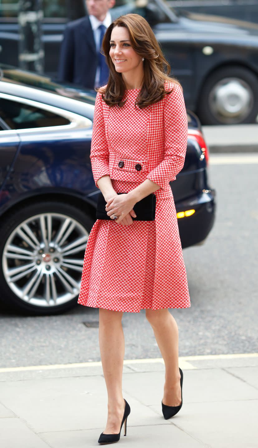 <p>Wearing a red-and-white checkered gingham dress from <a href="http://www.eponinelondon.com/ss-16#/1113/" rel="nofollow noopener" target="_blank" data-ylk="slk:Eponine;elm:context_link;itc:0;sec:content-canvas" class="link ">Eponine</a> during her visit to a mentoring program of the XLP Project. </p>