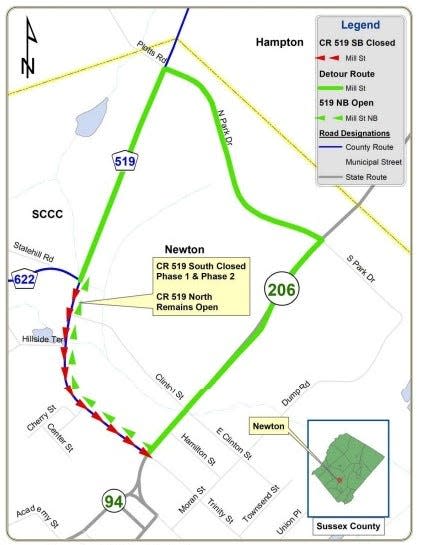 The map of detours for Mill Street, Newton, to begin Monday, Aug. 21. The town and Sussex County are jointly working on a project to add sidewalks, mill and pave the street and drainage work.